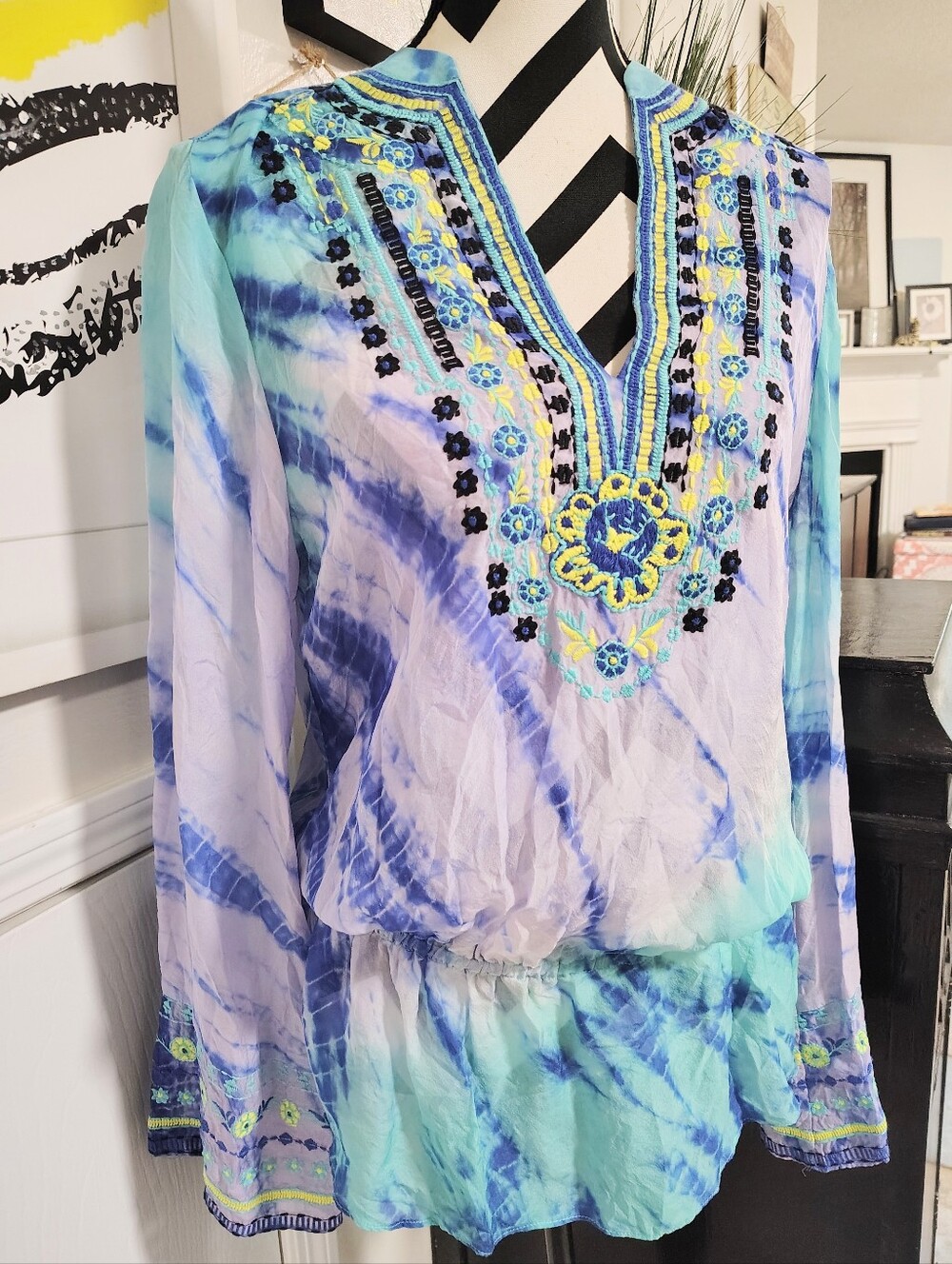 Hale Bob $358 Cabana Embroidered Ombre Tie-Dye Silk Shirt Women's Medium Boho